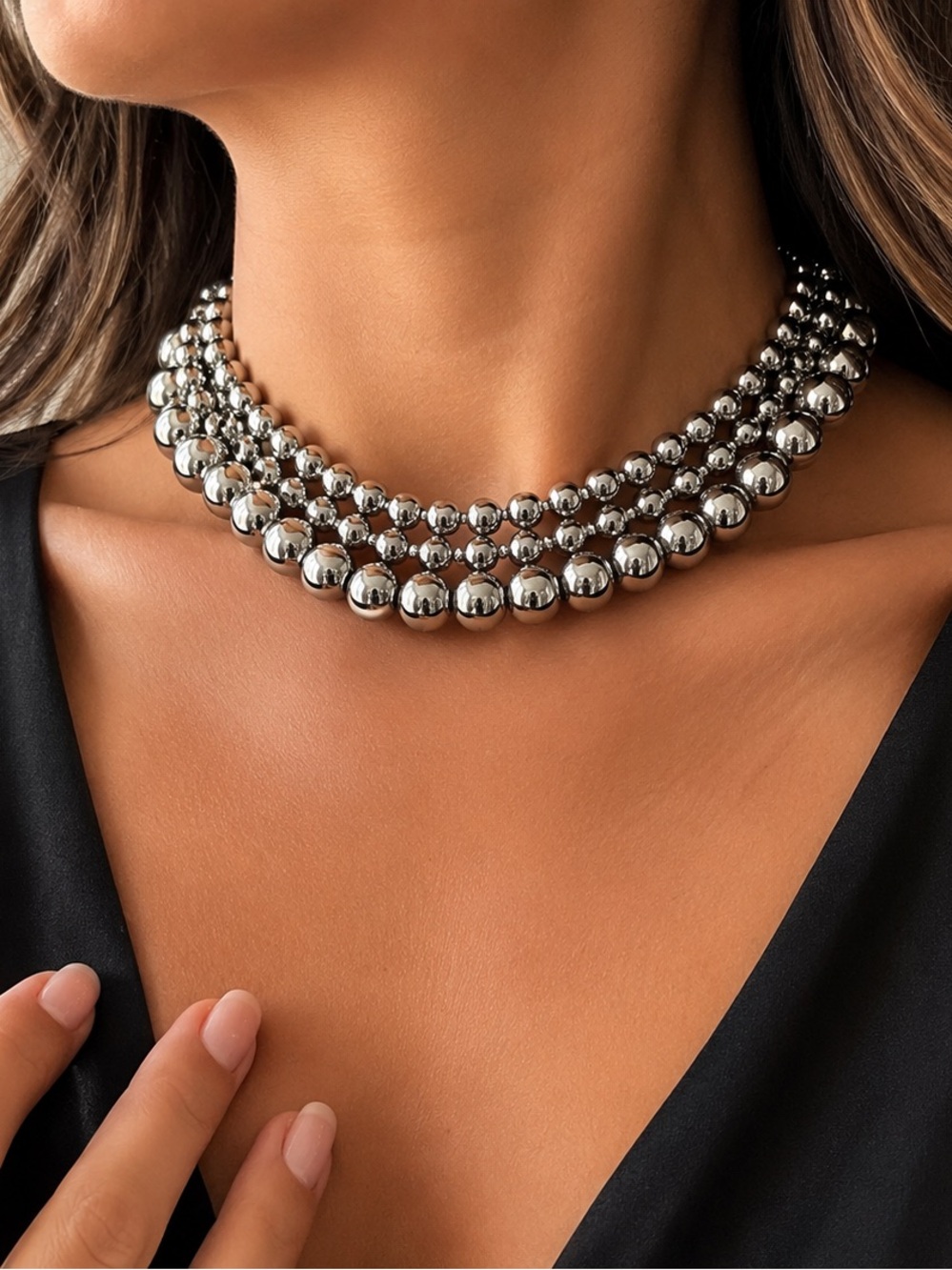 Silver Beaded Layered Choker Necklace - Women Jewelry
